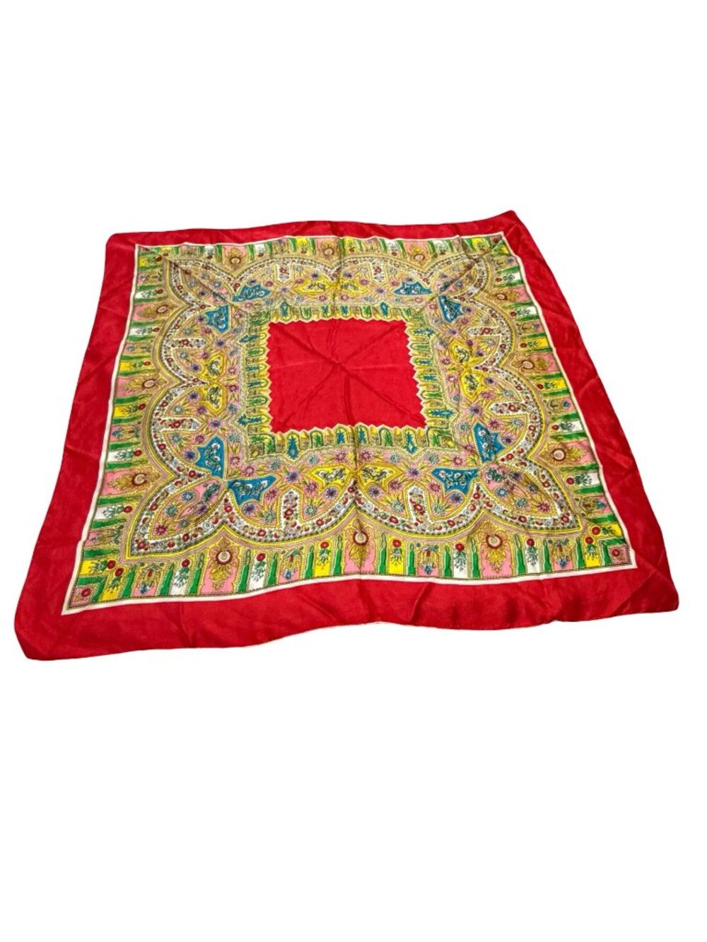 Vintage Vanette Creations French Silk Scarf Red Ornate Hand Rolled Square